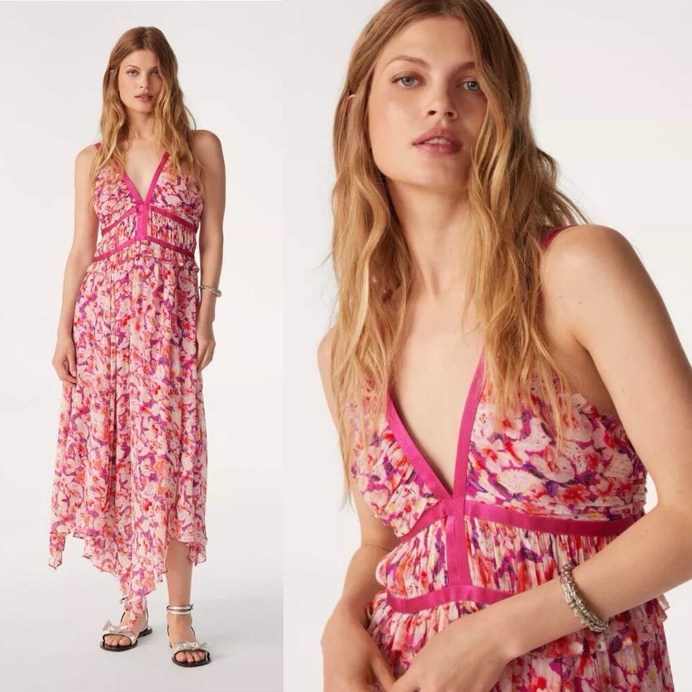 Ba&sh Dora Midi Dress Fuchsia Pink Sz Medium Ruffle Asymmetric French Chic NWT